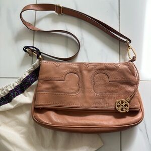 Tory Burch Amalie Fold Over Tan Leather Messenger Bag